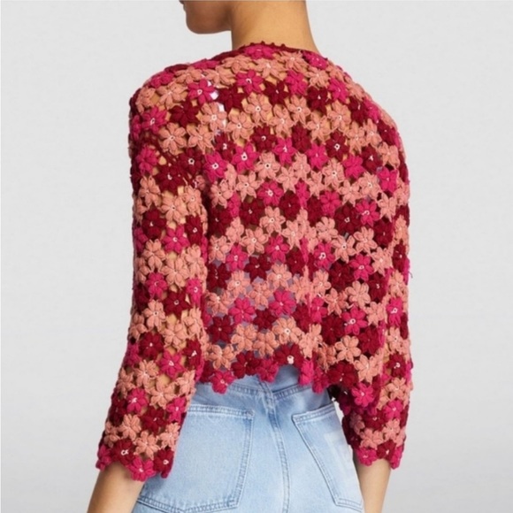 Alice + Olivia Anderson Cropped Floral Crochet Cardigan Sweater Size Medium - Picture 2 of 12